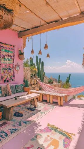 ↑↑↑ Larger size on website 🔸 A cozy outdoor patio with a pink wall, a wooden table and bench, and a hammock. The patio overlooks Wooden Table And Bench, Cozy Outdoor Patio, Cozy Outdoor, Clear Blue Sky, Pink Wall, White Clouds, Pink Walls, Wooden Table, Wooden Tables