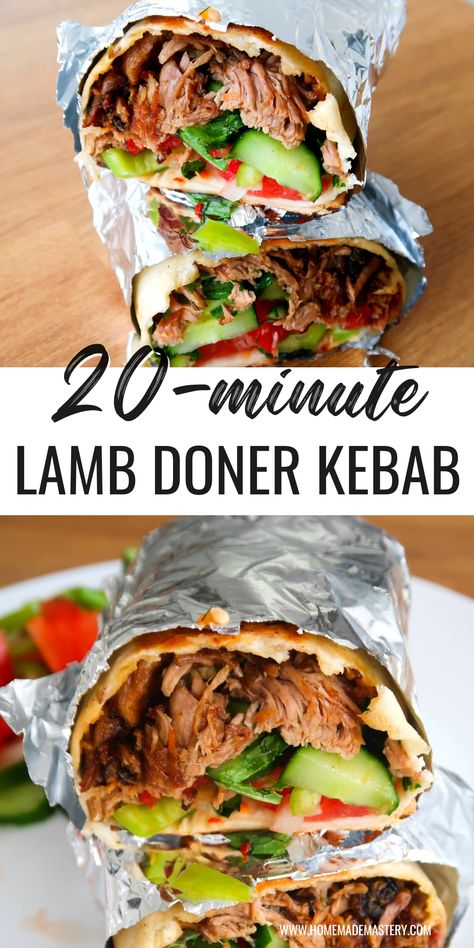 Make this super easy lamb doner kebab using leftover roasted lamb in less than 20 minutes. Full of flavor, this leftover lamb doner recipe is filled with roasted lamb, fresh vegetables, a garlicky sauce and fresh herbs and makes the perfect dinner idea! Doner Recipe, Leftover Roast Lamb, Leftover Lamb, Cumin Lamb, Wraps Recipes Healthy, Roasted Lamb, Doner Kebab, Perfect Dinner, Easy Homemade Recipes