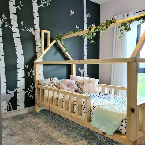 Woodland Toddler Room Girl, Toddler Bedroom Girl Themes, Woodland Girls Bedroom, Toddler Room Themes, Handmade Bed Frame, Girls Woodland Bedroom, Woodland Toddler Room, Ideas For Bed, Woodsy Bedroom