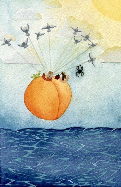 Fire Watercolor, James And Giant Peach, James And The Giant Peach, Peach Print, Peach Walls, The Giant Peach, Wall Art Illustration, Quentin Blake, Peach Art