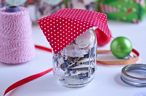 Cut a square out of some fun fabric. You want the square to be a little larger (by about 1 – 1 1/2 inches on each side) than the mouth of the jar. Some of the fabric will be covered by the top ring of the jar, so when you’re measuring, be sure to take that into account. My jar is medium sized, and my fabric is about a 5 inch square. For your first jar, just cut one square as your test square, screw on the top ring and see if you like how it looks. Adjust fabric size if needed. Jar Decoration, Holiday Mason Jar, Fun Fabric, The Jar, Canning Jars, Christmas Deco, Gift Handmade, Diy Holiday, Diy Fabric