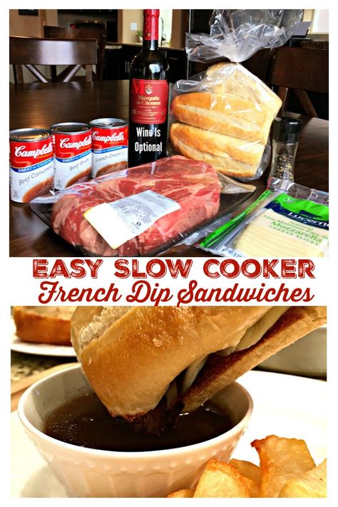 EASY SLOW COOKER FRENCH DIP SANDWICHES - Chuck roast slow cooked in beefy broth until tender, served on a french roll with ooey gooey melted cheese with a fantastic side of au jus for dipping. This wonderful classic is a family favorite, perfect for a busy day, parties, game day or when you're craving some good old comfort food. Simple to make, so good!! #SlowCookerFrenchDipSandwiches #CrockPotFrenchDipSandwiches #SlowCooker #CrockPot #MainDish #GameDay #Recipe #Easy Easy Slow Cooker French Dip, Slow Cooker French Dip Sandwiches, French Dip Sandwich Crockpot, Slow Cooker French Dip, Slow Cooker Shredded Chicken, French Dip Sandwiches, Dip Sandwiches, Slow Cooker Chicken Tacos, French Dip Sandwich