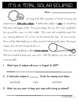 Solar Eclipse 2017 // Reading Comprehension Packet FREEBIE! Solar Eclipse Activity, Solar Eclipse 2017, Solar Eclipses, Comprehension Questions, Solar Eclipse, Home Learning, Reading Passages, Reading Activities, Free Reading