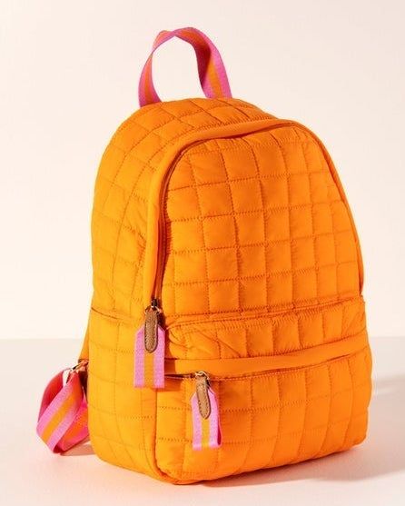 Shiraleah Ezra Quilted Nylon Backpack, Orange by Shiraleah. Fulfilled by our friends at Shiraleah Color: Orange L 12" × W 7" × H 15" Material: Nylon Gold Hardware Top Handle, Adjustable Shoulder Straps Top Zip Closure 1 Outer Zip Pocket, 2 Outer Slip Pockets, 1 Inner Zip Pocket, 2 Inner Slip Pockets, Inner Tech Sleeve, Exterior Trolley Sleeve Available for only $92 #PreppyDecor #PreppyHome #PreppyStyle #PreppyLiving #ClassicDecor #NauticalDecor #TraditionalHome #ChicInteri... Preppy Backpack, Orange Backpacks, Everyday Casual Outfits, Quilted Backpack, Cute Backpacks, How To Make Handbags, Strap Tops, Cute Bags, Stylish Bag