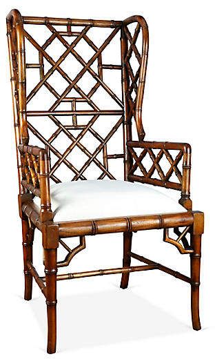 One Kings Lane Chinoiserie Wingback Chair - Distressed Walnut Chinoiserie Chair, Luxury Console Table, Leather Wingback Chair, Cane Dining Chairs, Stylish Accent Chairs, Leather Wingback, Swivel Club Chairs, Affordable Modern Furniture, Leather Club Chairs