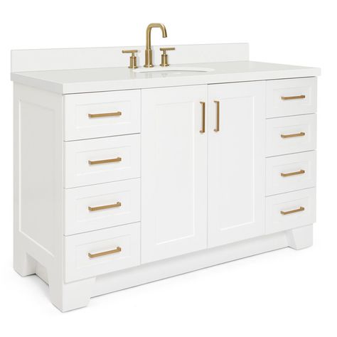 Longshore Tides Franzen 55'' Free-standing Bathroom Vanity with Quartz Vanity Top | Wayfair Quartz Vanity Tops, Single Sink Bathroom, Plywood Panels, White Quartz Countertop, Sink Bathroom Vanity, Single Sink Bathroom Vanity, Sink Bathroom, Bathroom Vanity Tops, Wood Drawers