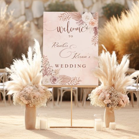 Pink Boho Wedding Centerpieces, Bohemian Reception Decor, Blush Pink And Gold Wedding, Pink Boho Wedding, Boho Wedding Reception, Pink Wedding Receptions, Boho Wedding Centerpieces, Reception Sign, Wedding Reception Signs