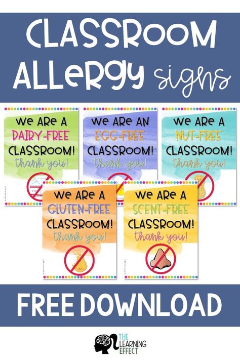 Hang these classroom allergy signs on your door to let visitors know what allergies are present in your classroom. Signs included: Dairy-Free, Egg-Free, Nut-Free, Gluten-Free, and Scent-Free. Download these FREE signs now! #freebie #allergies Egg Allergy, Teacher Posters, Teacher Freebies, Classroom Management Tool, Classroom Signs, Dairy Free Eggs, Teaching Preschool, Peanut Free, Project Based Learning