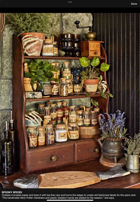 Apothecary Christmas Decor, Apothecary Kitchen Decor Ideas, Apothecary Living Room, Witchy Apothecary Kitchen, Herbal Shelf, Apothecary Aesthetic Kitchen, Apothecary Bedroom, Mckinley Dollhouse, Witchy Wellness