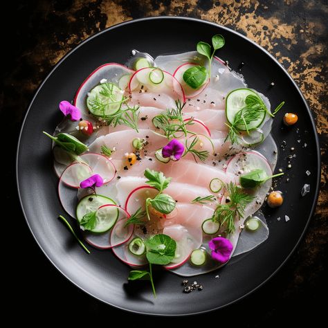 Yellowtail Carpaccio with Yuzu Vinaigrette and Caviar Recipe Sashimi Plating Ideas, Yellowtail Carpaccio Recipe, Yellowtail Fish Recipes, Yellowtail Carpaccio, Yellowtail Crudo, Yuzu Vinaigrette, Fish Carpaccio, Beef Carpaccio Recipe, Raw Fish Recipes