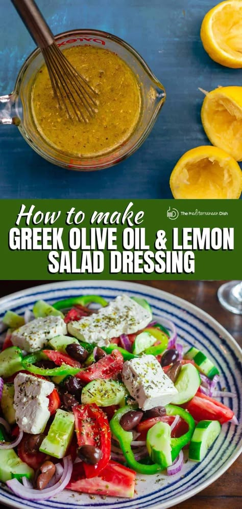 This EASY lemon olive oil dressing is so much more than a Greek salad dressing! You can also use it as a marinade or as a sauce to finish anything from fish, to chicken and even grilled vegetables. Lemon Salad Dressing, Greek Roasted Potatoes, Greek Salad Dressing Recipe, Lemon Salad Dressings, Homemade Greek Dressing, Greek Grilled Chicken, Greek Olive Oil, Lemon Salad, Greek Salad Dressing