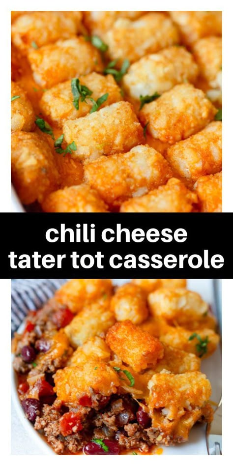 This cozy casserole is a combination of beef chili and a tater tot casserole! Chili Tater Tot Casserole is perfect for a family dinner and is super easy to whip up. You can even make it using leftover chili! Chili Cheese Tater Tot Casserole, Chili Ground Beef, Chili Cheese Tater Tots, Leftover Chili Recipes, Cheesy Chili, Easy Tater Tot Casserole, Chili Casserole, Slow Cooker Turkey Chili, Leftover Chili