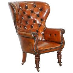 Regency Chesterfield Brown Leather Porters Armchair in the Manor of Gillows Temple Room, Leather Armchair Modern, Bergere Armchair, Brown Leather Armchair, Chesterfield Armchair, Wingback Chairs, Classic Armchair, Club Armchair, Leather Chesterfield