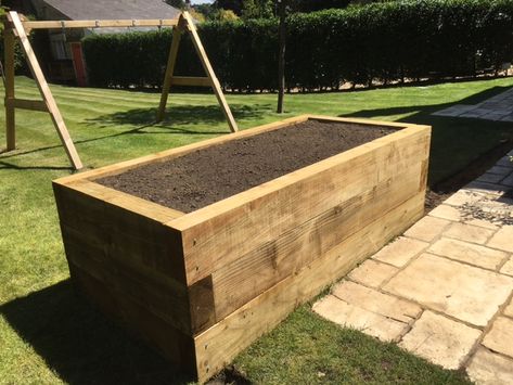 Sleeper Planter Ideas, Sleeper Planters, Planter Screen, Raised Beds Sleepers, Large Raised Garden Beds, Sleeper Beds, Pendle Hill, Garden Decking, Fenced Vegetable Garden