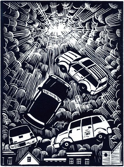 "Rapture of the SUVs" by Melissa West. Linocut. http://www.etsy.com/uk/shop/mswest?ref=seller_info. Tags: Sky, Vehicles, Buildings, Tags: Linocut, Cut, Print, Linoleum, Lino, Carving, Block, Woodcut, Helen Elstone. Julian Of Norwich, Linoleum Block Printing, Stamp Carving, Linoleum Block, Linocut Art, Linoleum Flooring, Mouse Print, Lino Print, Stamp Design