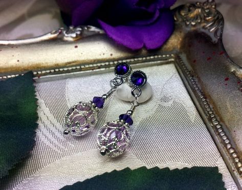 Purple Crystal Drop Victorian Earrings Lilac Purple Vintage Edwardian Bridal Style Dangle Drops Silver Filigree Titanic Temptations 13009 Princess Pearl Teardrops EPU13009 1 Pair of Vintage Style Filigree Dangles Handmade, Free Style Design Matching Necklace Available: Victorian Earrings, Purple Vintage, Bronze Necklace, Victorian Steampunk, Purple Crystal, Czech Crystal, Free Style, Amethyst Purple, Purple Velvet