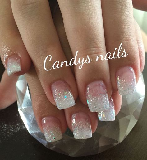 White tips with glitter White Glitter Fade Nails, Acrylic Pedicure Ideas, Acrylic Colored Tips, Classic Acrylic Nails Classy, White Glitter Tip Nails, Glitter French Manicure Short Nails, White Tip Nail Ideas, Wedding French Tip Nails, Holographic French Tip Nails