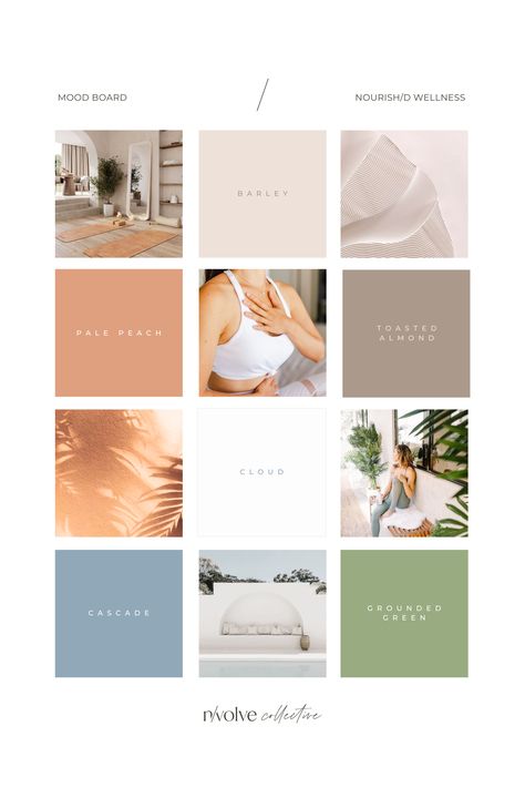 Color Palette For Health And Wellness, Color Palette Wellness Brand, Wellness Moodboard Aesthetic, Yoga Studio Mood Board, Wellness Center Color Palette, Mindfulness Instagram Feed, Meditation Color Palette, Wellness Logo Ideas, Modern Wellness Branding