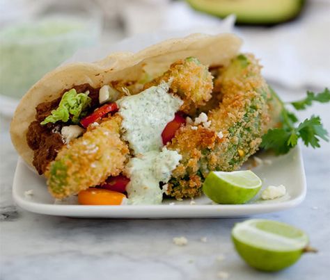 What's for lunch? Fried Avocado Tacos. Veggie Tacos Recipes, Fried Avocado Tacos, Fried Avocado, Avocado Tacos, Avocado Taco, Veggie Tacos, Avocado Fries, Foodie Crush, Think Food