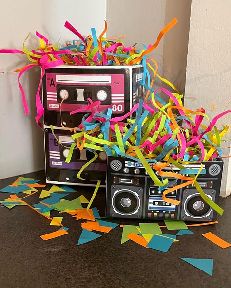 80s Party Backdrop Ideas, 90 Decorations Party Ideas, 80s Party Theme Decorations, 80s Theme Party Centerpieces, Decades Theme Centerpieces, 80s Table Decorations, Diy 80s Centerpieces, 80s Party Centerpieces, 80s Party Decorations Diy