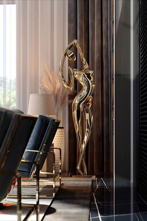 Large Sculpture Indoor, Living Room Palette, Luxury Sculpture, Room Palette, Home Sculpture, Dreamy Living Room, Gold Sculpture, Gold Statue, Luxury Details