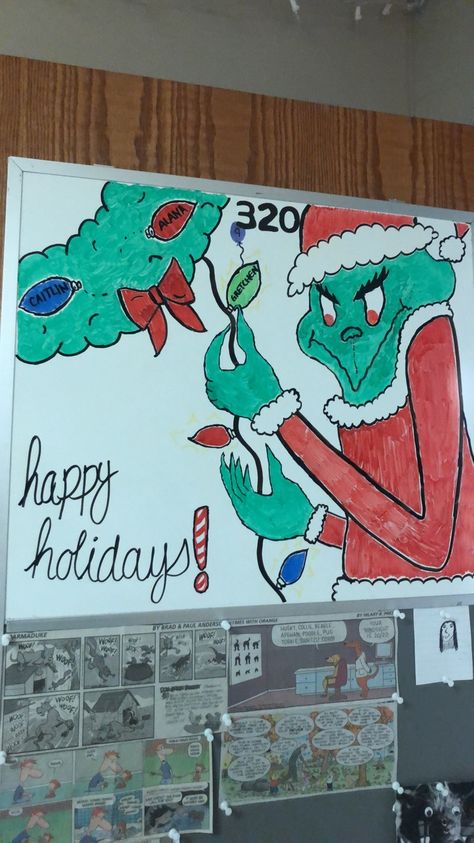 Dorm whiteboard design winter Christmas the grinch holidays Christmas White Board Ideas, Christmas Whiteboard Ideas, Christmas Lights Drawing, Countdown Till Christmas, White Board Drawings, Students Christmas, Whiteboard Art, Christmas Tree Drawing, Student Christmas Gifts