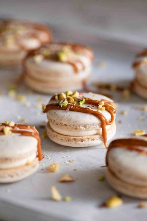 Chai Macarons Recipe, Christmas Flavored Macarons, Indian Flavor Macarons, Chai Macarons, Macaron Christmas Flavors, Caramelized White Chocolate, Holi Special, Holi Celebration, Macaroon Recipes