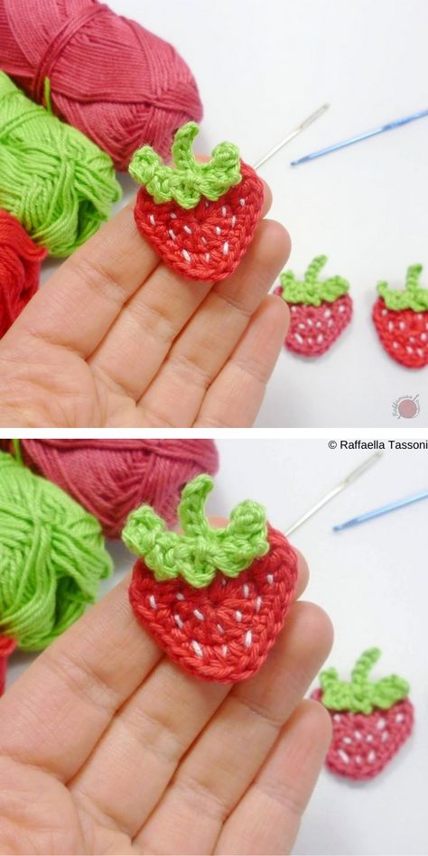 Crochet Strawberry Earrings Pattern, Crochet Applique Patterns Free, Crochet Butterfly Pattern, Crochet Appliques, Crochet Embellishments, Crochet Strawberry, Crochet Fruit, Crochet Leaves, Crochet Butterfly