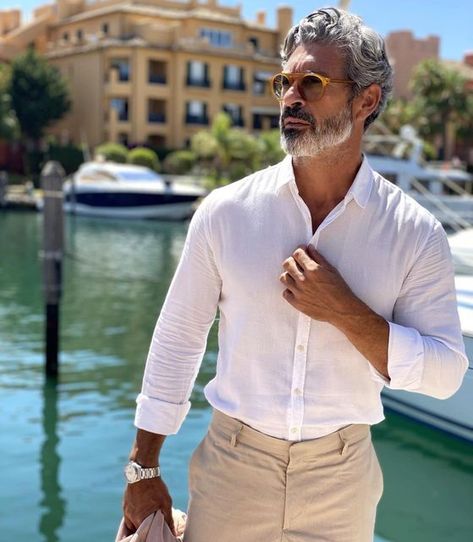 Men’s Summer Fashion 2024, Boy Outfits Aesthetic, Dubai Summer, Old Man Fashion, Grey Hair Men, Mens Glasses Fashion, Beard Look, Stylish Mens Fashion, Beige Pants