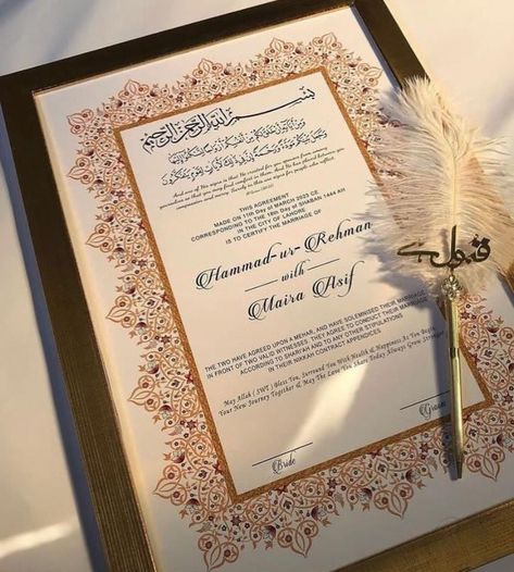 Nikha Nama Template, Nikkah Papers Aesthetic, Nikkah Paper, Nikha Nama Frame, Creative Wedding Souvenirs, Nikkah Nama Frame, Nikkah Pen With Name, Nikkah Certificate, Small Wedding Decor