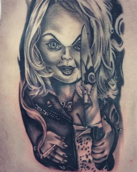 Done by Taurus Tattoo- studio artist Jason Spong over clients rib cage Tiffany Bride Of Chucky Tattoo, Jonah Tattoo, Bride Of Chucky Tattoo, Chucky And Tiffany Tattoo, Tattoos Scary, Tiffany Tattoo, Tattoo Bride, Horror Sleeve, Tiffany Bride Of Chucky