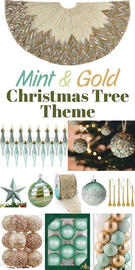 Mint Green Christmas Tree, Gold Christmas Tree Theme, Green Christmas Tree Ornaments, Tree Color Palette, Gold Christmas Tree Ornaments, Green And Gold Christmas Tree, Mint Green Christmas, Metallic Christmas Tree, Christmas Color Schemes