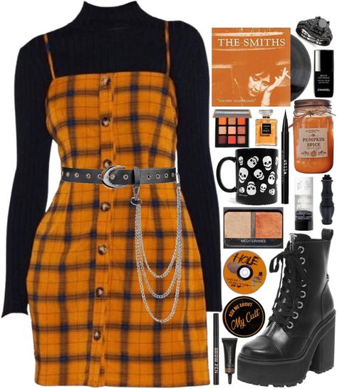 Ophelia Outfit Aesthetic, Halloween Outfit Casual, Grunge Polyvore Outfits, Hex Girls Aesthetic Outfit, Orange Academia Outfit, Orange Goth Outfit, Halloween Casual Outfits, Colorful Edgy Outfits, Orange Fall Outfit