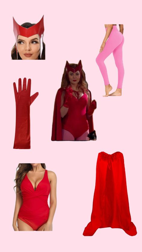 A Wanda costume with a red body suit, pink leggings, Wanda, headpiece, and red gloves Agatha Costume, Agatha And Wanda, Wanda And Agatha, Wanda Costume, Scarlet Witch, Scarlet, Happy Halloween, Halloween Costumes, Halloween