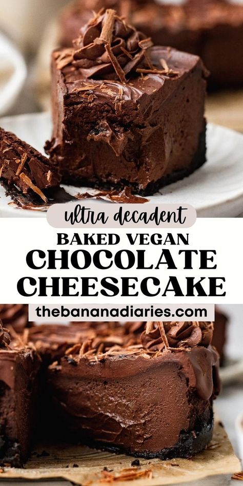 This is the ultimate easy vegan chocolate cheesecake recipe that has authentically tastes like decadent chocolate cheesecake! Made without soaking cashews nor using tofu, this creamy vegan chocolate cheesecake is a chocolate lovers dream! Easily gluten free too! Vegan Chocolate Cheesecake, Gluten Free Vegan Recipes Desserts, Chocolate Cheesecake Recipe, Comfort Food Desserts, Vegan Cheesecake Recipe, Vegan Baking Recipes, Chocolate Cheesecake Recipes, Easy Vegan Dessert, Vegan Cake Recipes