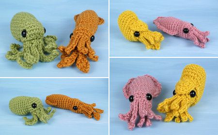 baby cephalopods crochet patterns by planetjune: octopus, squid, cuttlefish, nautilus Crochet Sea Creatures, Amigurumi Design, Octopus Squid, Mini Amigurumi, Crochet Fish, Crochet Octopus, Fun Crochet Projects, Crochet Animal Patterns, Diy Crochet Projects