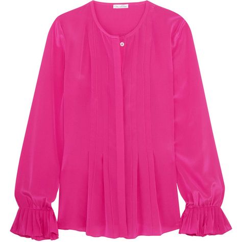 Oscar de la Renta Pleated silk-satin peplum blouse ($1,290) ❤ liked on Polyvore featuring tops, blouses, fuchsia, flutter-sleeve top, pink ruffle top, pink peplum top, fuschia pink top and fuschia blouse Fuschia Blouse, Fuschia Top, Frilly Tops, Pink Peplum Top, Frilly Top, Frilly Blouse, Flounce Top, Peplum Tops, Fuschia Pink