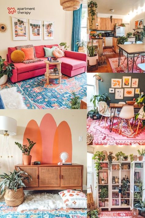 Colourful Rental Apartment, Bright Boho Interior Design, Colorful Boho Studio Apartment Ideas, Colorful Rental Apartment, Family Apartment Decor, Colorful Apartment Inspiration, Shared Apartment Aesthetic, Colorful Boho Apartment, Decorating Styles Examples