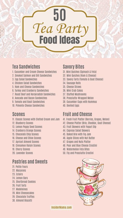 tea party food infographic with 50 ideas Bday Tea Party Ideas, Tea Party Catering Ideas, Vintage Tea Party Food Ideas, English Tea Food Recipes, Different Types Of Tea Recipes, Traditional English Tea Party Food, Snacks With Tea Ideas, English Tea Themed Party, Hi Tea Party Ideas