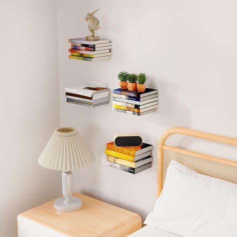 Floating bookshelves Bookshelf Above Bed, Bookshelf Bedroom Ideas, Floating Bookshelves Bedroom, Bookshelves Bedroom, Invisible Bookshelf, Metal Floating Shelves, Floating Books, Floating Bookshelf, Floating Bookshelves