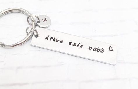 Drive safe baby keychains, sweet 16 keychains, new driver keychains, military keychains,  be safe keychain, dad keychains, police keychains Drive Safe Quotes, Adult Baptism Gifts, Sons Day, Driving Permit, Dad Keychain, Sweet 16 Gifts, Bf Gifts, Steel Stamp, New Driver