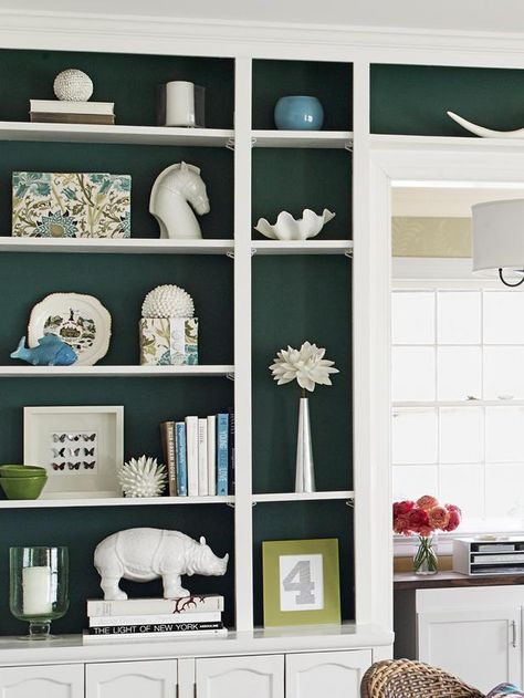 Paint the Back of a Built-In (Dragonfly by Benjamin Moore) Painting Bookcase, Painted Bookshelves, White Bookshelves, Styling Shelves, Hgtv Magazine, Young House Love, Kitchen And Bath Remodeling, White Bookcase, White Shelves