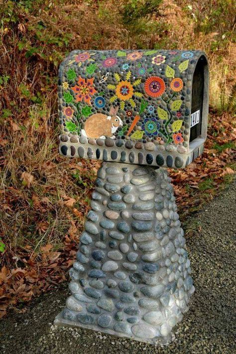 Mailbox On House, Diy Mailbox, Mailbox Ideas, Mailbox Decor, Mosaic Madness, Outdoor Stone, Stone Columns, Cool Art Projects, Mosaic Garden