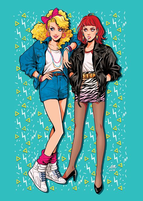 Bebe and Red by temariart Slasher Character Design, 80s Oc Art, 80s Fashion Illustration, Vtuber Moodboard, Sp Fanart, 80s Characters, Josie And The Pussycats, Cartoon Fashion, South Park Fanart