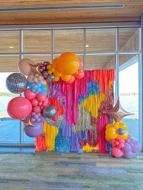 Memphis Balloons, Pop Culture Memphis Coachella Party Ideas, Charity Party, Coachella Party, Fantasy Party, Trolls Birthday Party, Disco Theme, Grad Party Decorations, Fringe Backdrops, Custom Balloons