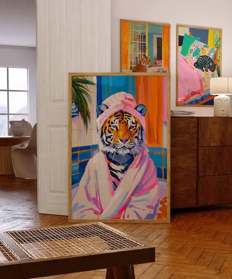 Maximalist Bathroom Wall Art, Tiger Poster, Dopamine Decor, Pink Kitsch Aesthetic, Tiger in a Bath Print, Preppy Wall Art, Trendy Decor - Etsy Aesthetic Tiger, Kitsch Aesthetic, Maximalist Bathroom, Art Mini Toile, Abstract Art Projects, Maximalist Art, Preppy Wall Art, Paint Inspo, Tiger Poster