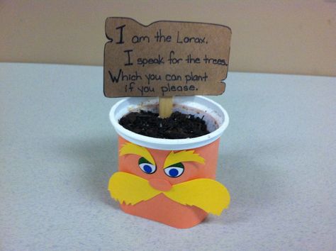 Lorax planter Lorax Activities, Lorax Craft, Dr Seuss Classroom Door, The Lorax Activities, Dr Seuss Preschool Activities, Dr Seuss Art, Dr Seuss Preschool, Dr Seuss Classroom, Third Grade Activities