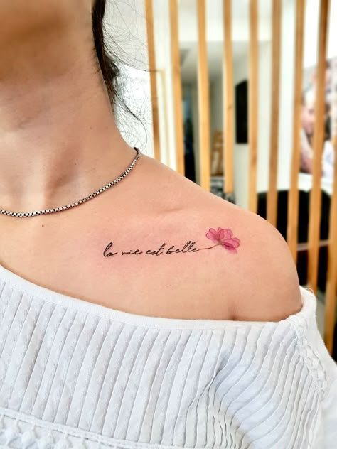 Collarbone Tattoos For Girls, Girls Chest Tattoos, Collarbone Tattoo Words, Collar Bone Tattoos For Women, Small Flower Tattoos For Women, Collar Bone Tattoo Quotes, Strong Tattoos, Small Shoulder Tattoos, Small Girly Tattoos