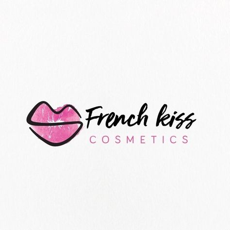 Pink lips outlined in black with the text “French Kiss cosmetics” Lips Logo Branding, Lips Logo, Lip Outline, Kiss Logo, Lip Logo, Cosmetic Logo, Makeup Artist Logo, Artist Logo, Logo Design Free