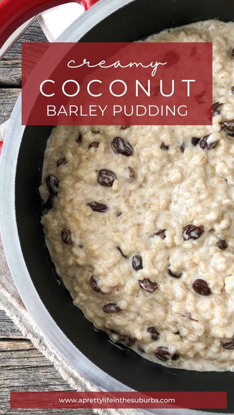 This Coconut Barley Pudding is a rich and delicious dessert made with barley simmered in creamy coconut milk! Perfect for any occasion. Breakfast Barley Recipe, Barley Pudding, Barley Breakfast, Berry Cereal, Low Fat Desserts, Coconut Chia Pudding, Pearl Barley, Pretty Life, Rich Desserts